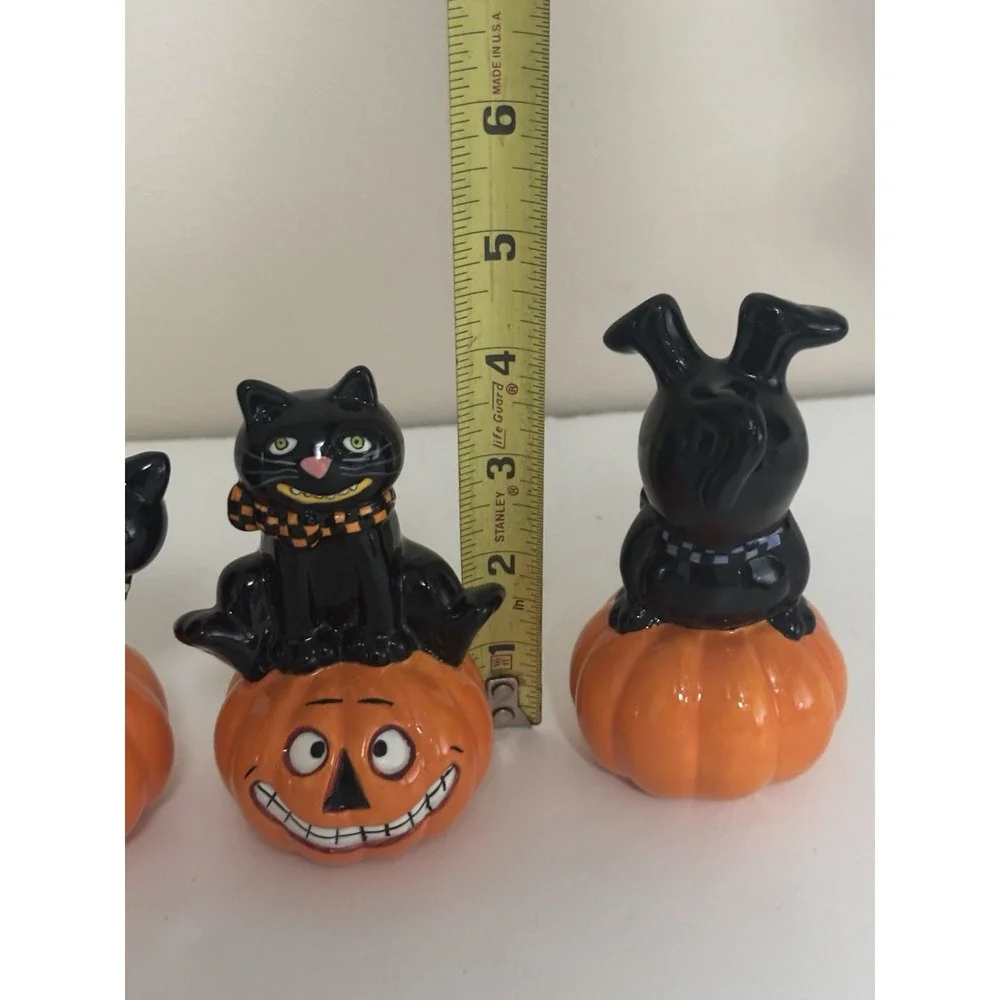 Trio of Ceramic Halloween Cat On Pumpkin Figurines Vintage Inspired Spooky